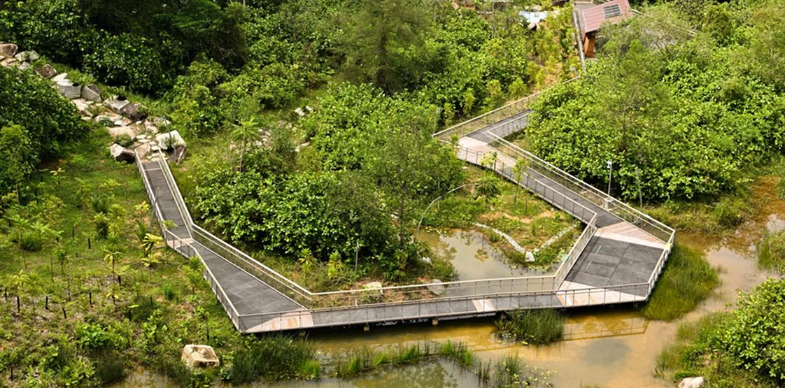 Aerial view of Rifle Range Nature Park with pathways and water features